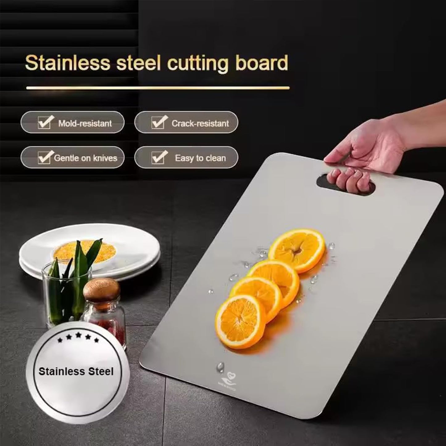 WEEDOO Stainless Steel Cutting Board for Kitchen (35CMX24CM) | Steel Chopping Board | Chopping BoardSteel | Food Grade | Rust-Resistant | Steel Cutting Board | Chopping Board for Vegetables.