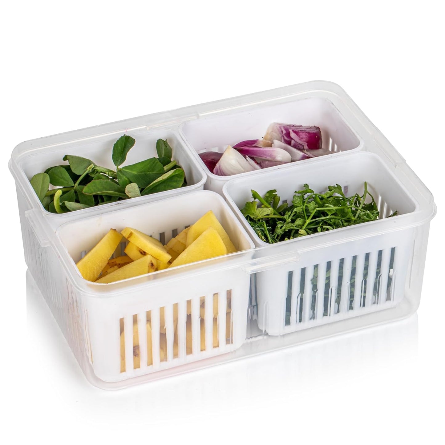 WEEDOO Fridge Storage Boxes, Freezer Storage Containers, Container for Kitchen Storage Set, Storage in Kitchen, Vegetable Storage, Draining Crisper Refrigerator Food Box (4 IN 1) (4 GRID)