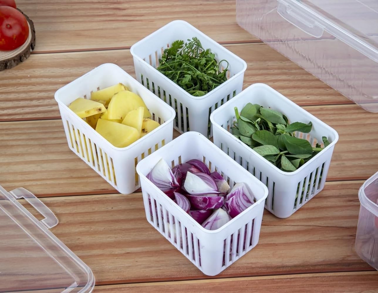 WEEDOO Fridge Storage Boxes, Freezer Storage Containers, Container for Kitchen Storage Set, Storage in Kitchen, Vegetable Storage, Draining Crisper Refrigerator Food Box (4 IN 1) (4 GRID)