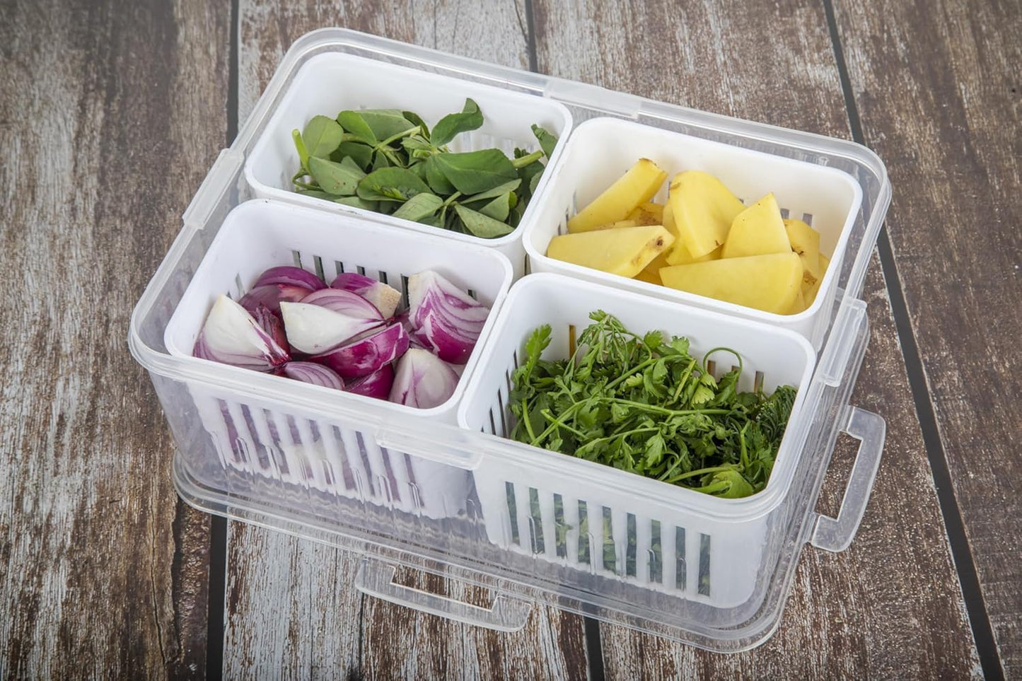 WEEDOO Fridge Storage Boxes, Freezer Storage Containers, Container for Kitchen Storage Set, Storage in Kitchen, Vegetable Storage, Draining Crisper Refrigerator Food Box (4 IN 1) (4 GRID)