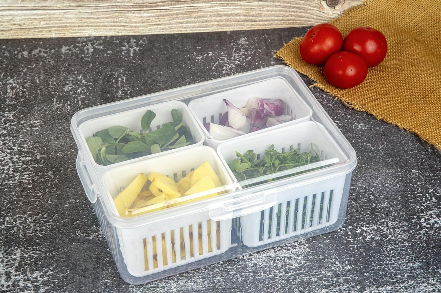 WEEDOO Fridge Storage Boxes, Freezer Storage Containers, Container for Kitchen Storage Set, Storage in Kitchen, Vegetable Storage, Draining Crisper Refrigerator Food Box (4 IN 1) (4 GRID)