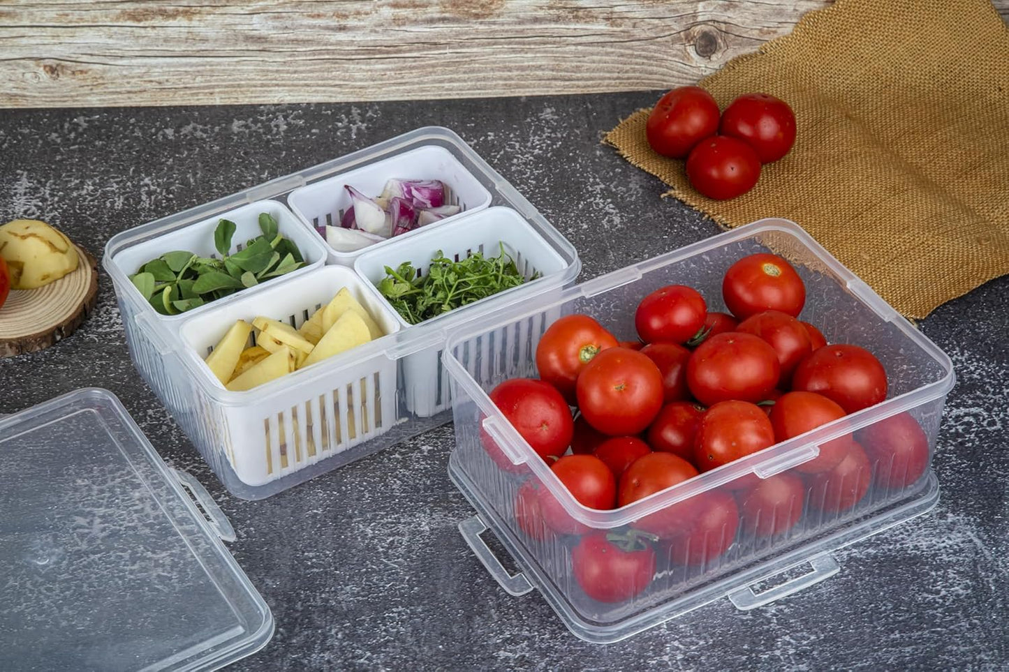 WEEDOO Fridge Storage Boxes, Freezer Storage Containers, Container for Kitchen Storage Set, Storage in Kitchen, Vegetable Storage, Draining Crisper Refrigerator Food Box (4 IN 1) (4 GRID)