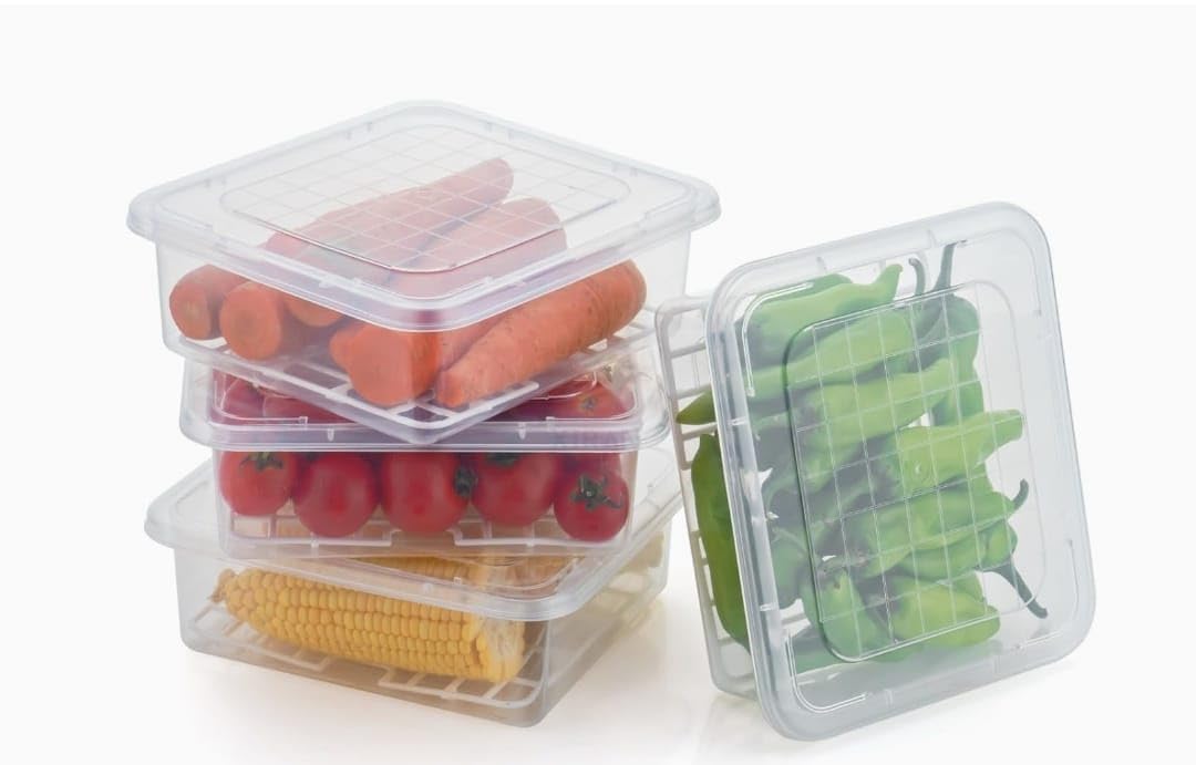 WEEDOO Fridge Storage Boxes, Fridge Organizer with Removable Drain Plate and Lid, Stackable Fridge Storage, Freezer Storage Containers for Fish, Meat, Vegetables (2500ML, Pack of 4) (4, Square)