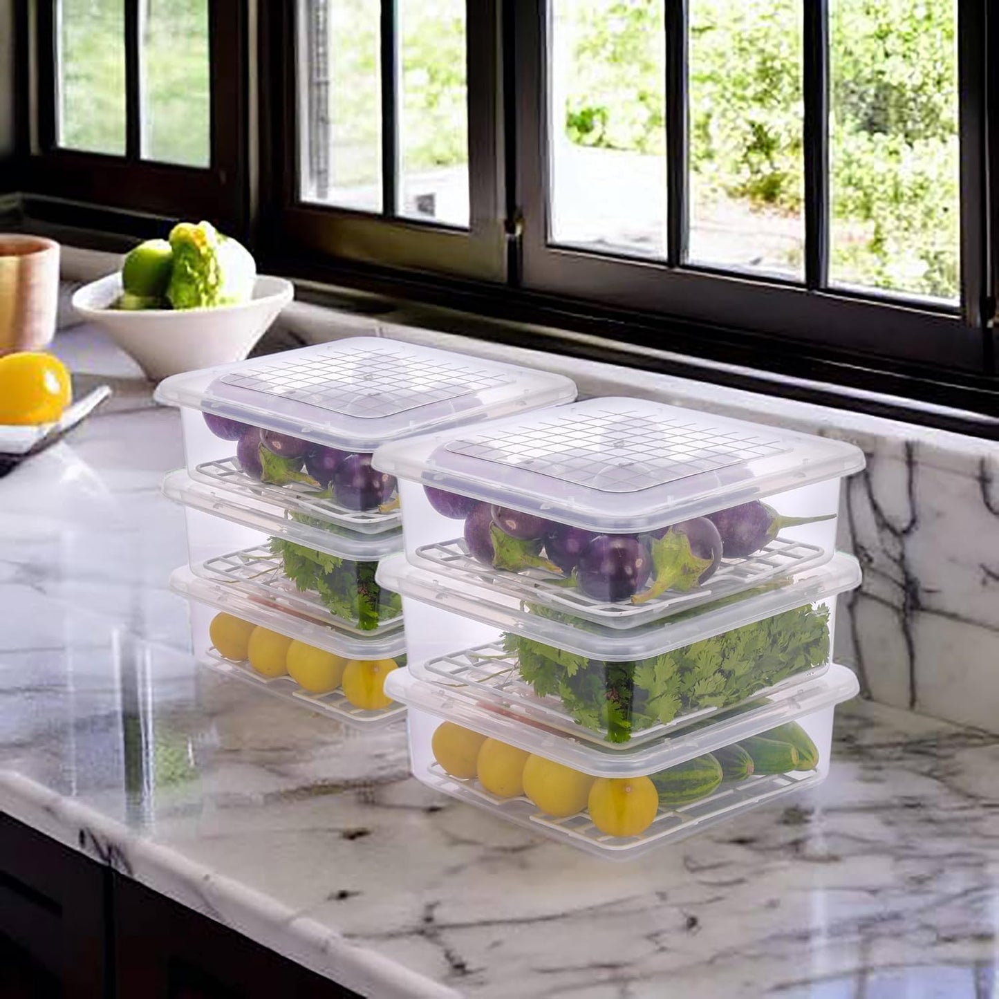 WEEDOO Fridge Storage Boxes, Fridge Organizer with Removable Drain Plate and Lid, Stackable Fridge Storage, Freezer Storage Containers for Fish, Meat, Vegetables (2500ML, Pack of 4) (4, Square)