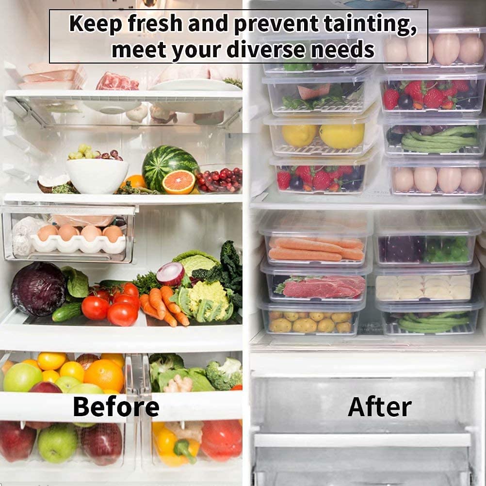 WEEDOO Fridge Storage Boxes, Fridge Organizer with Removable Drain Plate and Lid, Stackable Fridge Storage, Freezer Storage Containers for Fish, Meat, Vegetables (2500ML, Pack of 4) (4, Square)