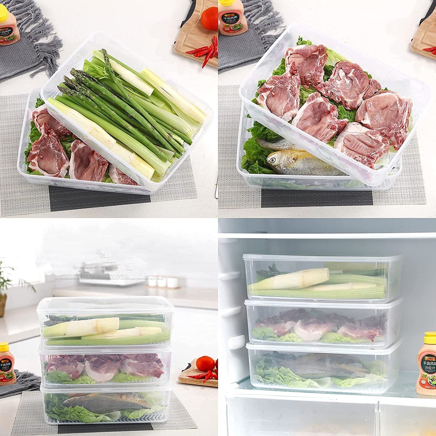 WEEDOO Fridge Storage Boxes, Fridge Organizer with Removable Drain Plate and Lid, Stackable Fridge Storage, Freezer Storage Containers for Fish, Meat, Vegetables (2500ML, Pack of 4) (4, Square)