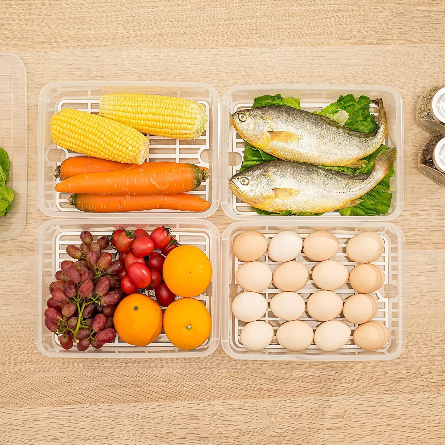 WEEDOO Fridge Storage Boxes, Fridge Organizer with Removable Drain Plate and Lid, Stackable Fridge Storage, Freezer Storage Containers for Fish, Meat, Vegetables (2500ML, Pack of 4) (4, Square)