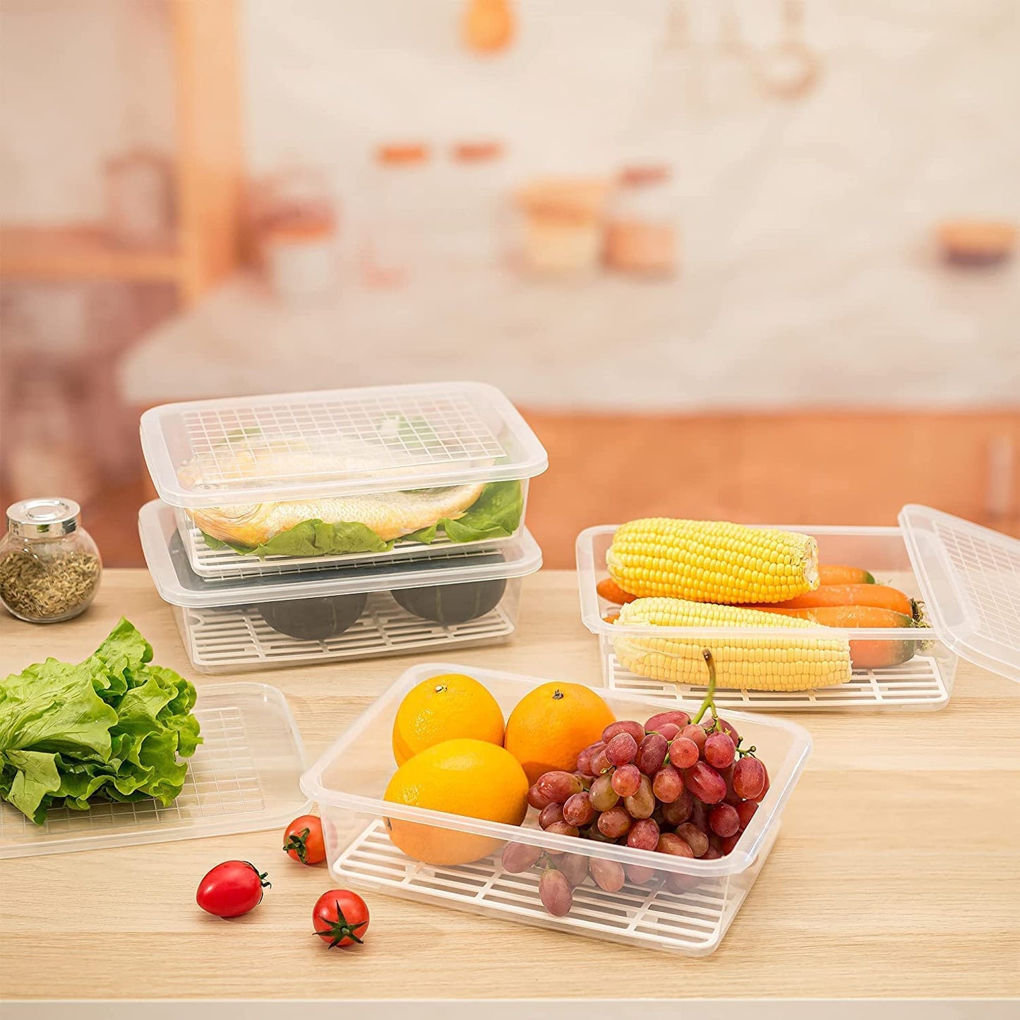 WEEDOO Fridge Storage Boxes, Fridge Organizer with Removable Drain Plate and Lid, Stackable Fridge Storage, Freezer Storage Containers for Fish, Meat, Vegetables (2500ML, Pack of 4) (4, Square)