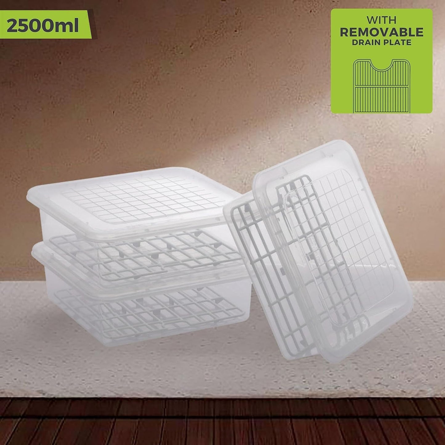 WEEDOO Fridge Storage Boxes, Fridge Organizer with Removable Drain Plate and Lid, Stackable Fridge Storage, Freezer Storage Containers for Fish, Meat, Vegetables (2500ML, Pack of 4) (4, Square)