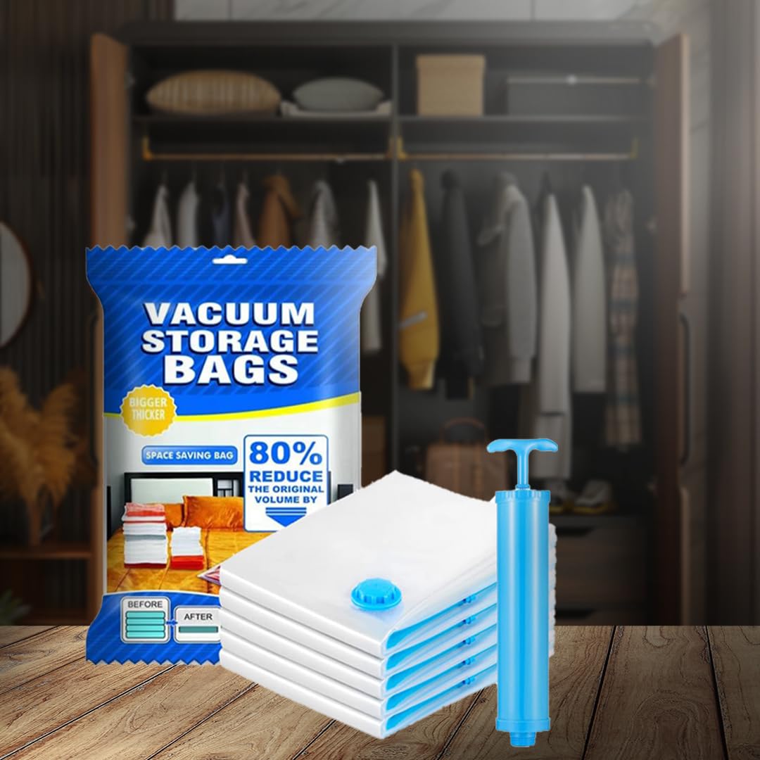 WEEDOO Vacuum Bags for Travel with Hand Pump (5 Pack 1XL 2Large 2Medium) | Vacuum Compression Storage Bags with Hand Pump | Storage Bags with Ziplock for Clothes, Bedding, Comforters, Blankets, Quilt