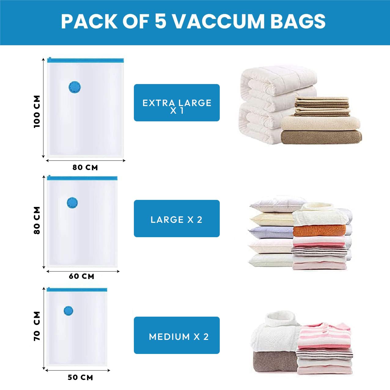 WEEDOO Vacuum Bags for Travel with Hand Pump (5 Pack 1XL 2Large 2Medium) | Vacuum Compression Storage Bags with Hand Pump | Storage Bags with Ziplock for Clothes, Bedding, Comforters, Blankets, Quilt